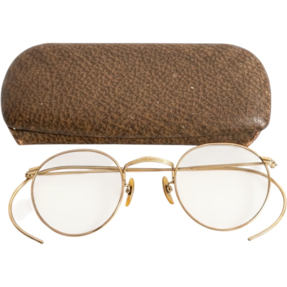 Vintage Gold Wire Rim Round Eyeglasses Cable Antique Spectacles with Case